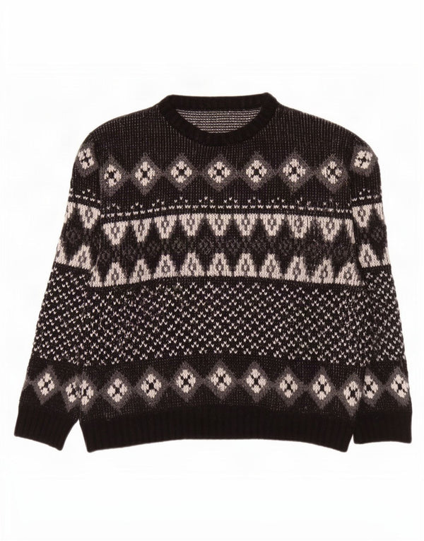 vintage Mens Crew Neck Jumper Pull IT 52/54 Grand Noir Fair Isle