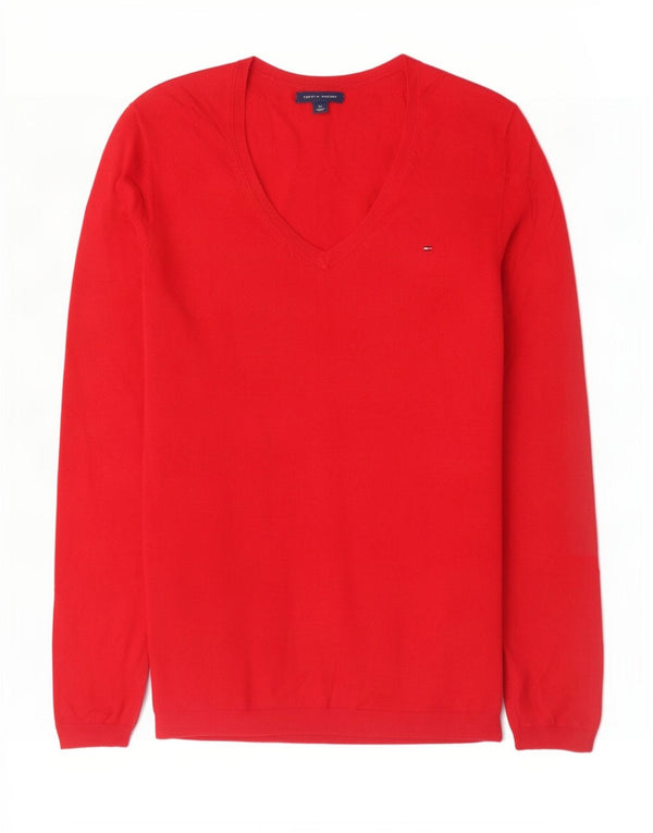 Tommy Hilfiger Pull col en V pour femme UK 10 Petit coton rouge
