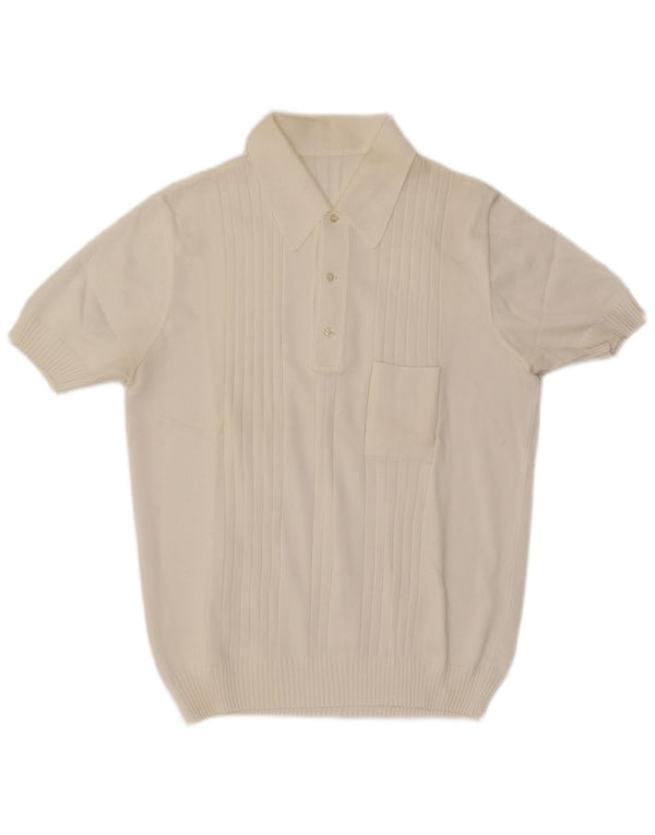 vintage Homme Manches Courtes Col Polo Pull Blanc Moyen