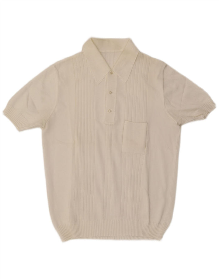 vintage Homme Manches Courtes Col Polo Pull Blanc Moyen