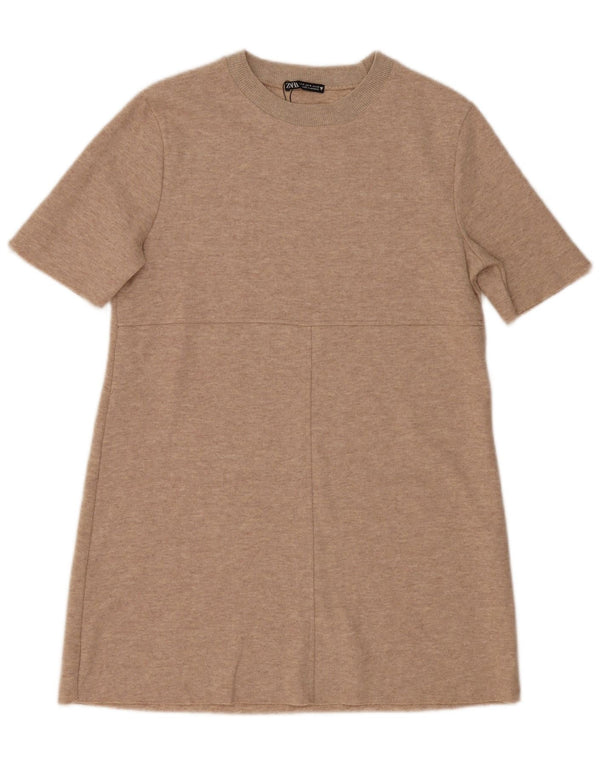 Zara Robe pull à manches courtes pour femme UK 44 Polyester moucheté beige moyen