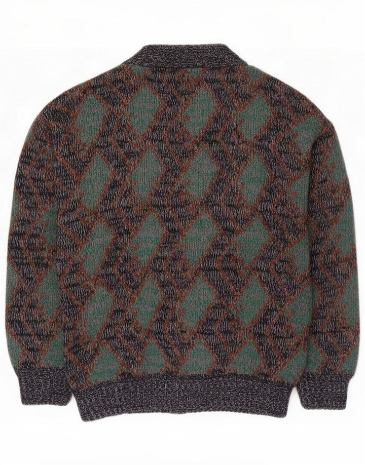 Vintage Mens Cardigan Sweater Medium Multicolore Argyle/Diamond Wool