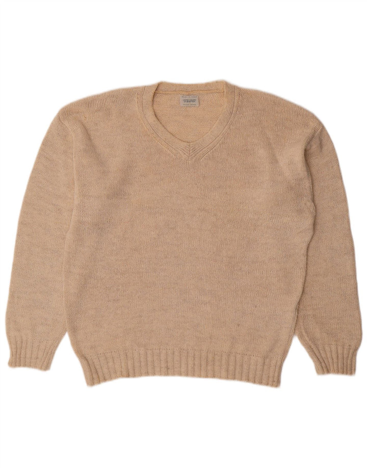 BENETTON Mens V-Neck Jumper Sweater Small Beige Cotton