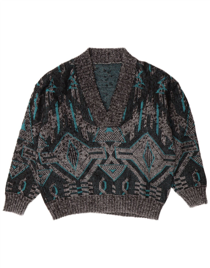 VINTAGE Pull col V homme grand gris géométrique