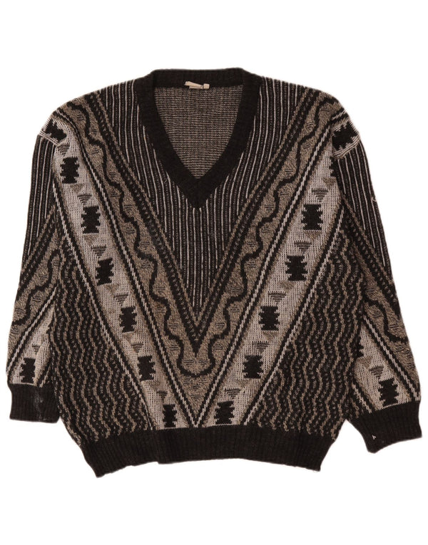 vintage Mens V-Col Jumper Pull Grand Gris Géométrique
