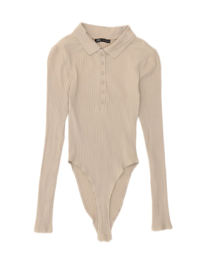 Zara Body à manches longues pour femme UK 8 petit coton beige