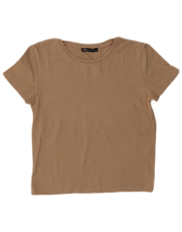 Zara Womens Crop T-Shirt Top UK 8 Petit Coton Beige
