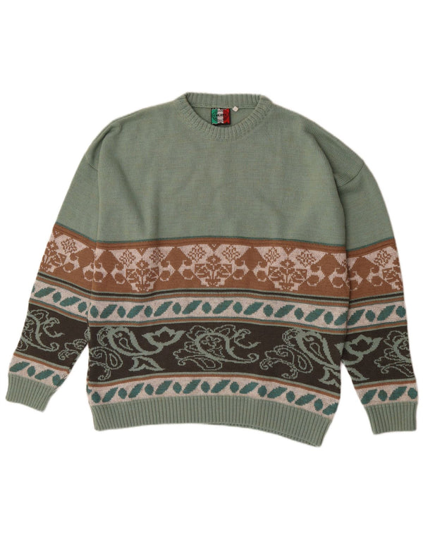 vintage Mens Crew Neck Jumper Pull Grand Vert Paisley Acrylique