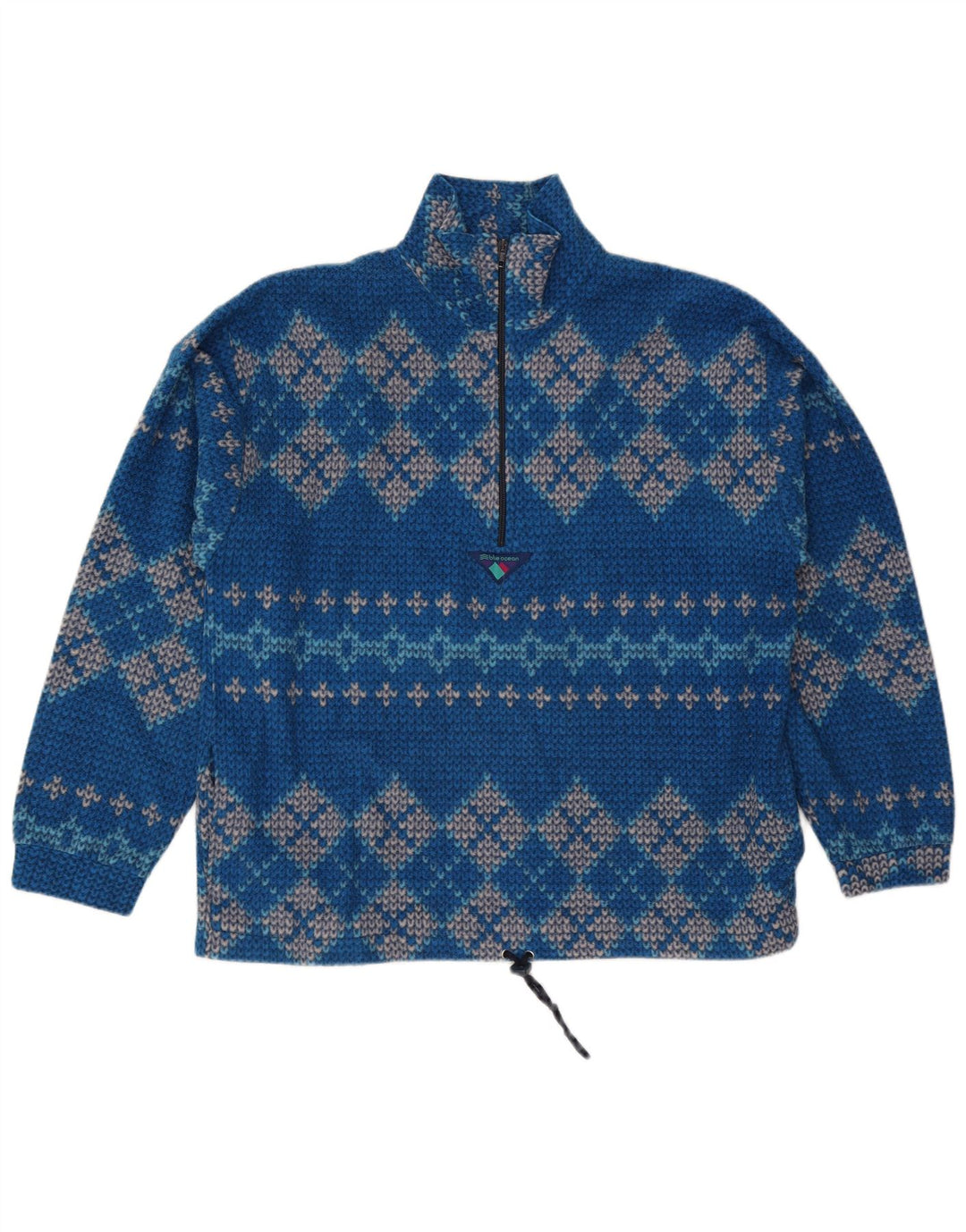 vintage Mens Zip Neck Jumper Pull Grand Bleu Géométrique