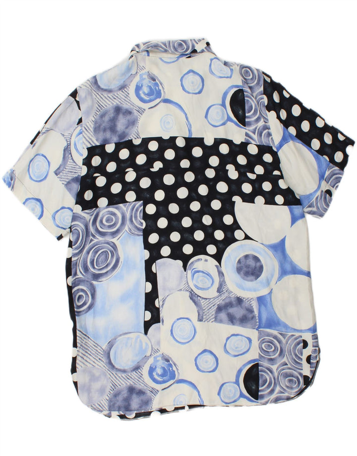 vintage Femme Chemise À Manches Courtes Blouse UK 14 Grand Bleu Patchwork Viscose