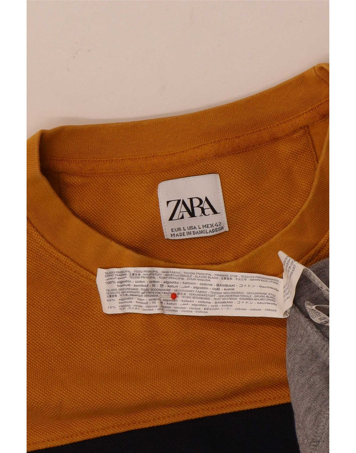 Zara Mens Sweatshirt Jumper Large Jaune Colorblock Coton