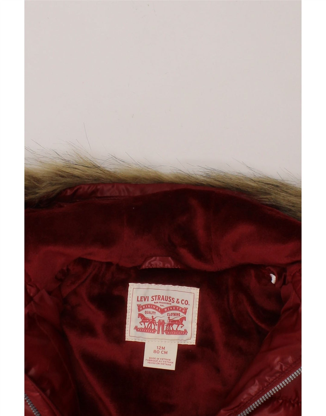 LEVI'S Baby Girls Hooded Padded Jacket 9-12 Months Maroon Polyester Vintage Levi's and Second-Hand Levi's from Messina Hembry 