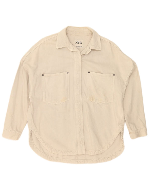 Zara Chemise en jean surdimensionnée pour femme UK 10 Petit coton beige