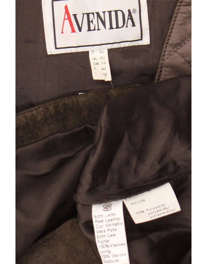 VINTAGE Gilet matelassé en daim pour femme UK 14 Grand cuir colorblock marron