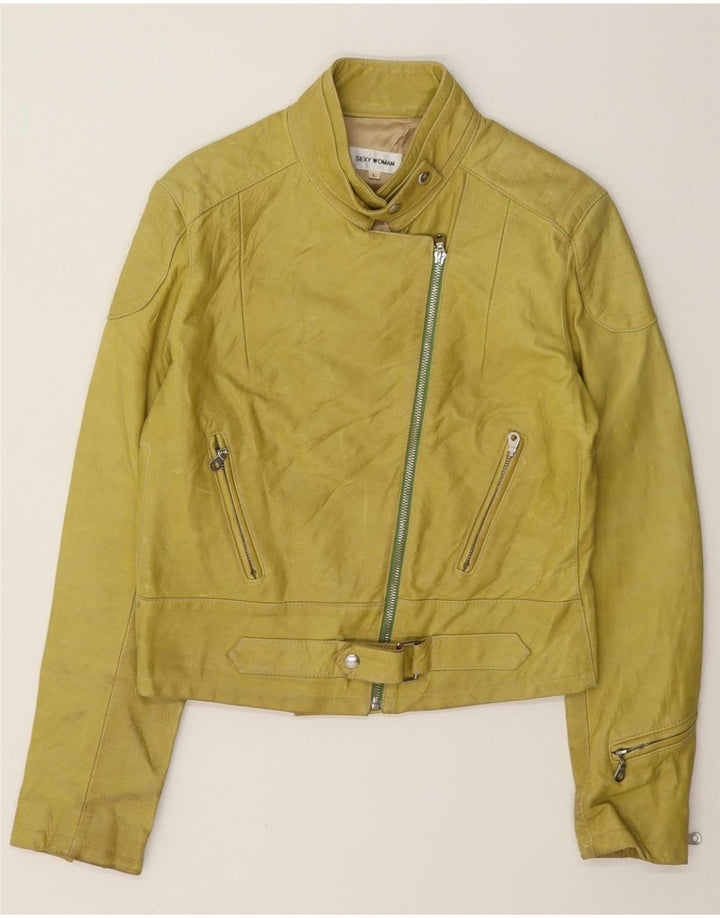 veste de motard en cuir femme vintage UK 14 Grand Jaune