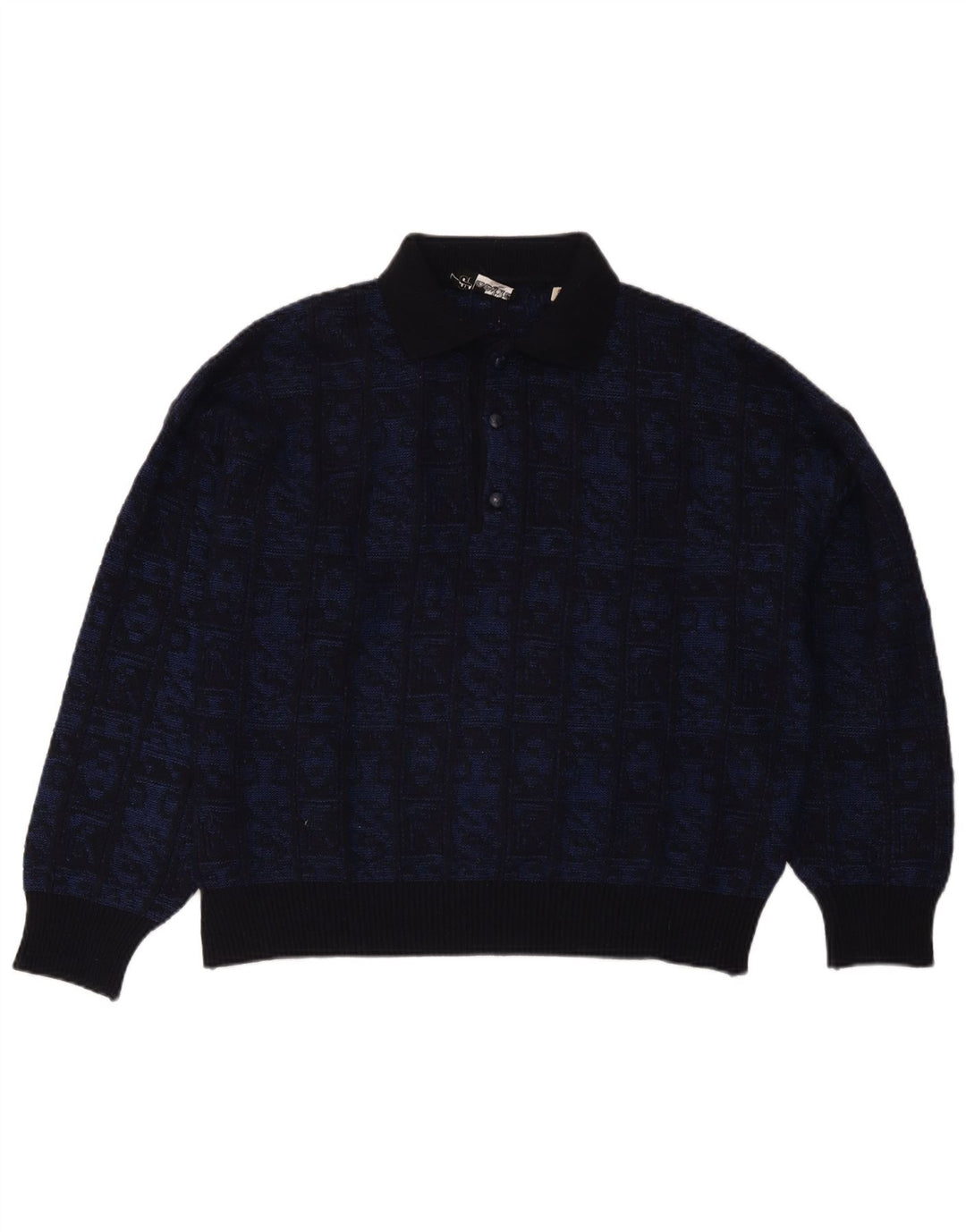 Aeffe Pull Col Polo Homme IT 50 Laine Géométrique Bleu Marine Moyen