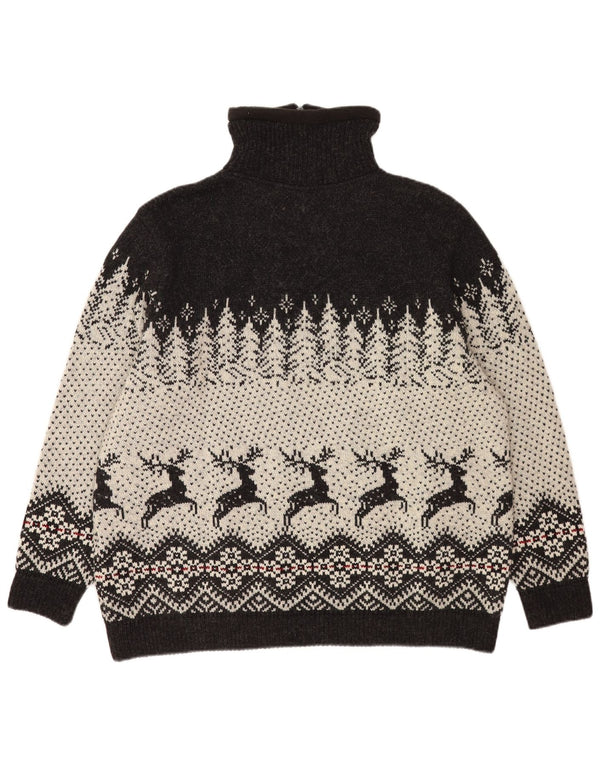 vintage Mens Zip Neck Jumper Pull 2XL Noir Fair Isle Laine