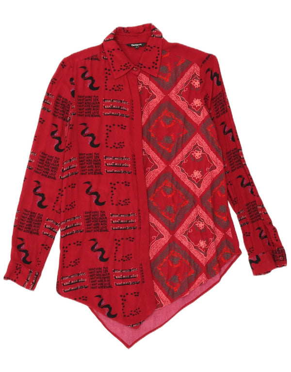 Desigual Femme Coupe Ample Chemise Asymétrique UK 6 XS Rouge Géométrique Viscose