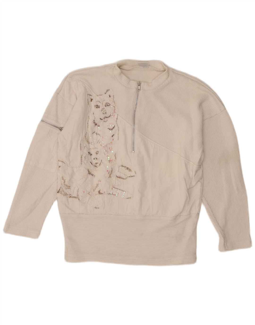 Together Pull graphique à col zippé pour femme UK 10/12 Blanc moyen