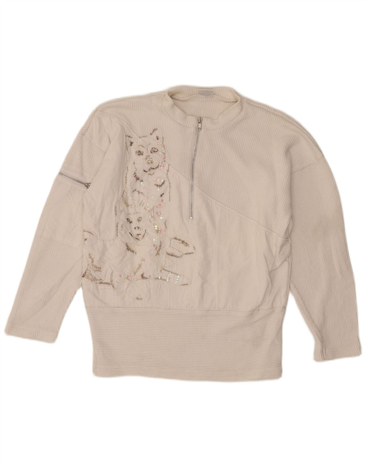 Together Pull graphique à col zippé pour femme UK 10/12 Blanc moyen