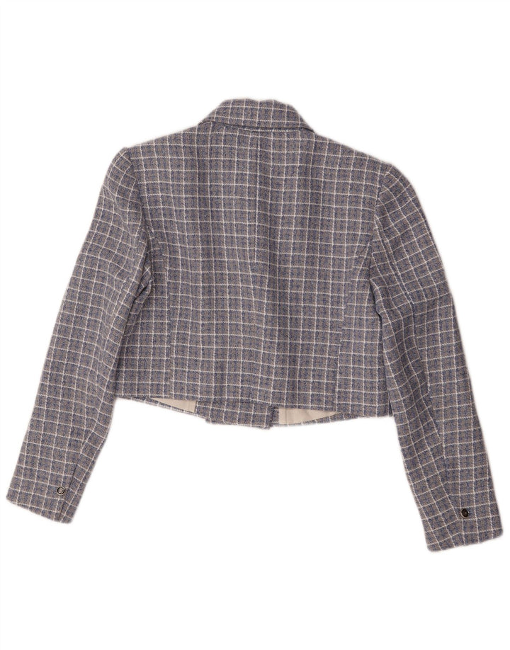 Zara Veste blazer courte à double boutonnage pour femme UK 14 Bleu moyen à carreaux
