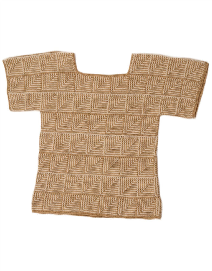 vintage Femmes Motif Abstrait Jumper Pull UK 10 Petit Beige