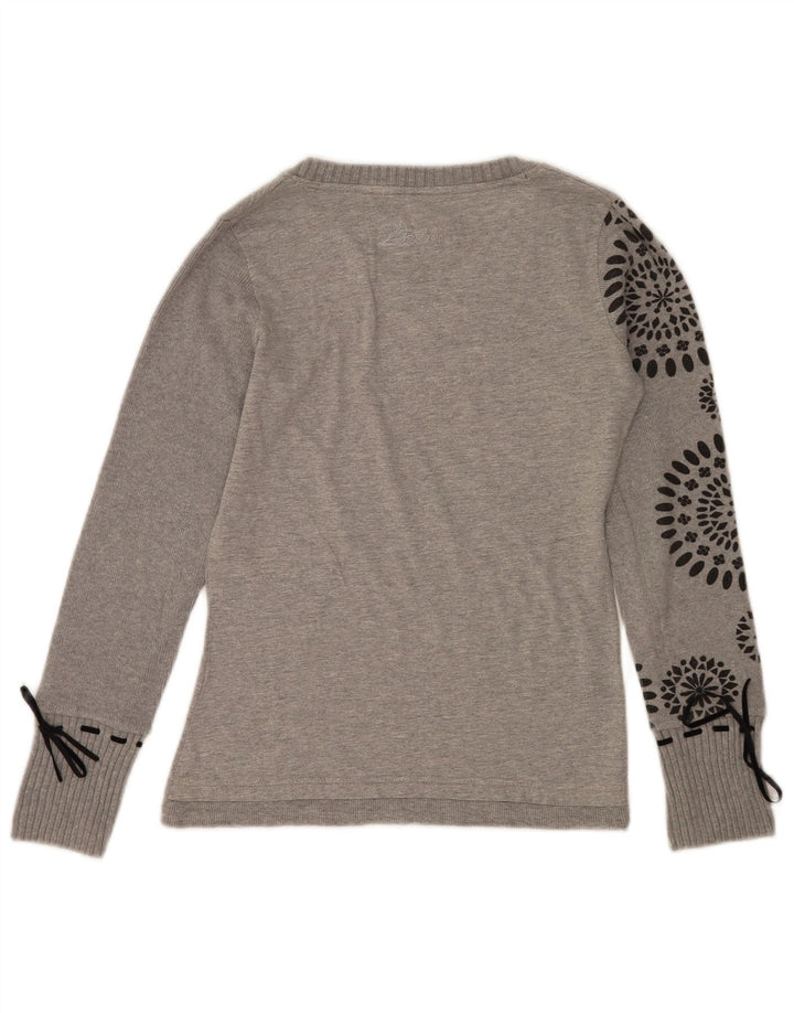 Desigual Femme Graphic Top Manches Longues UK 14 Coeur Gris Moyen