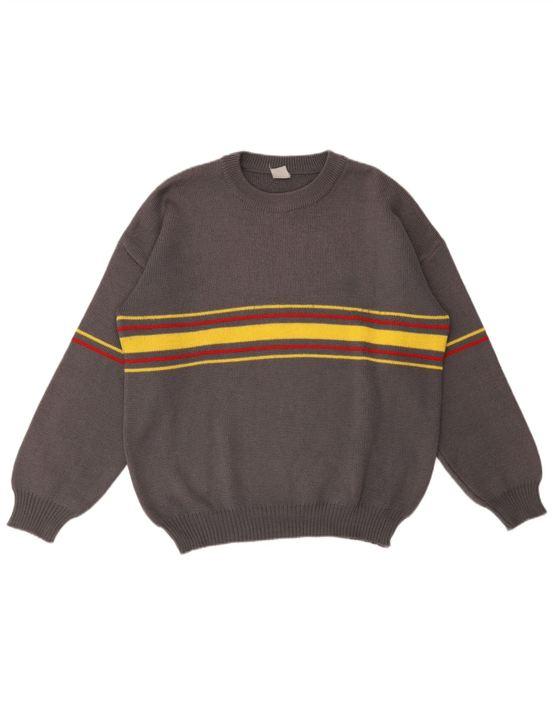 vintage Mens Crew Neck Jumper Pull Grand Gris Rayé
