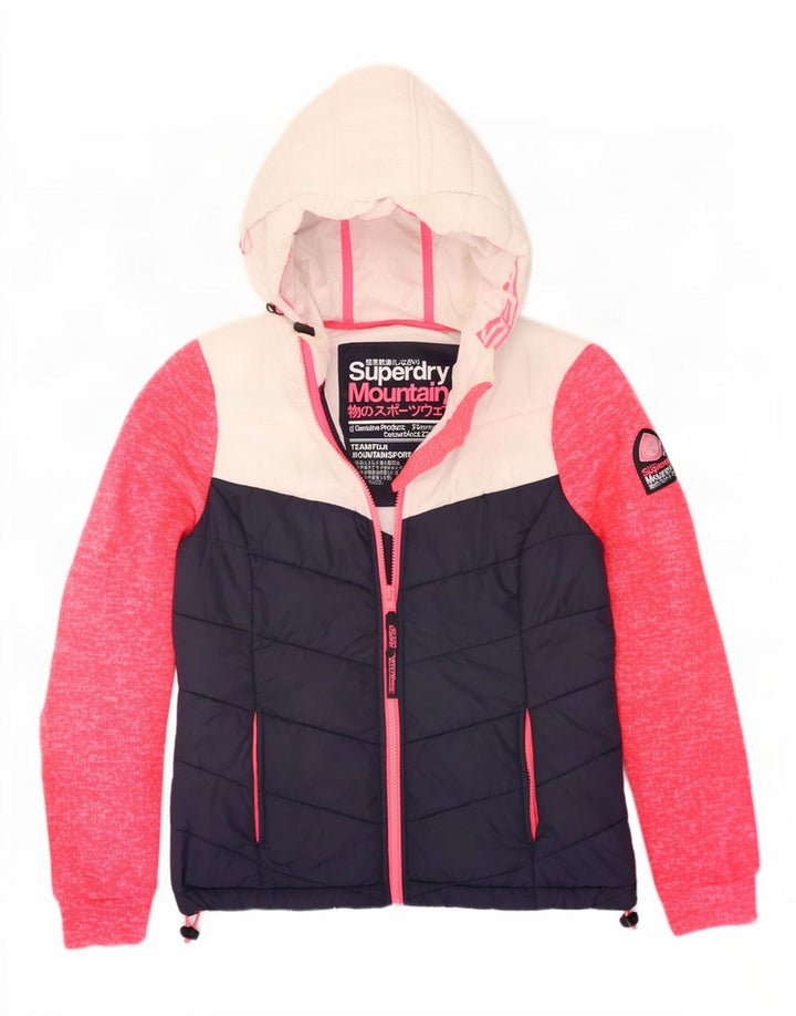 Superdry Veste matelassée à capuche pour femme UK 12 Bleu marine moyen Colourblock