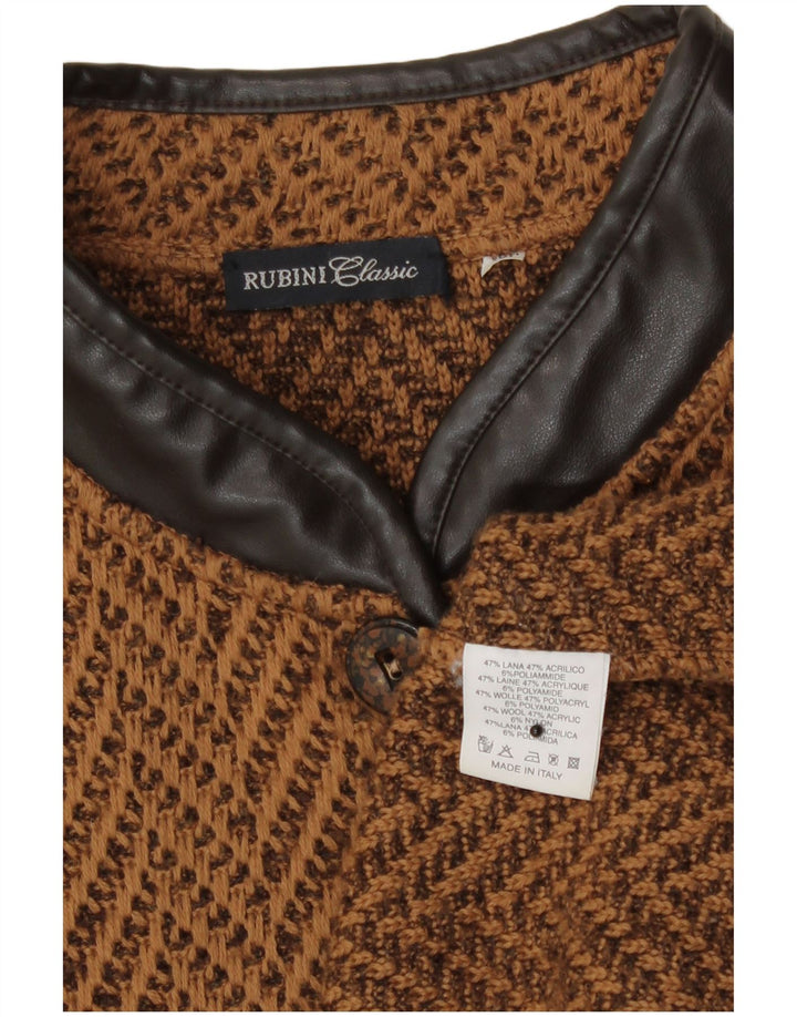 vintage Femme Cardigan Pull UK 14 Laine Chevron Brun Moyen