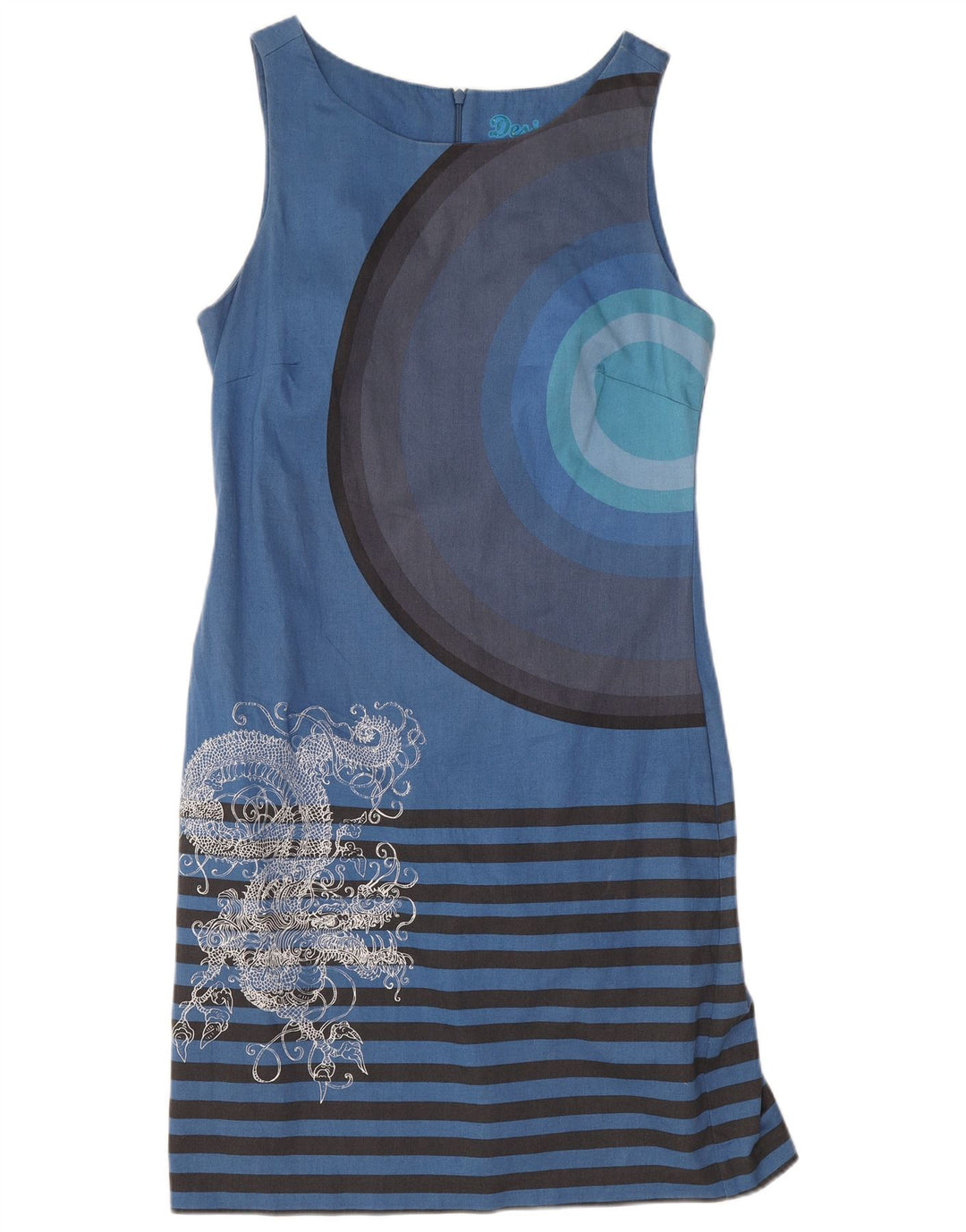 Desigual Robe fourreau graphique sans manches pour femme EU 38 Bleu moyen rayé