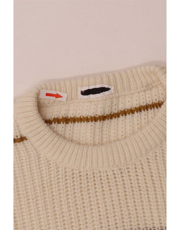 vintage Mens Crew Neck Jumper Pull Moyen Blanc Rayé Acrylique