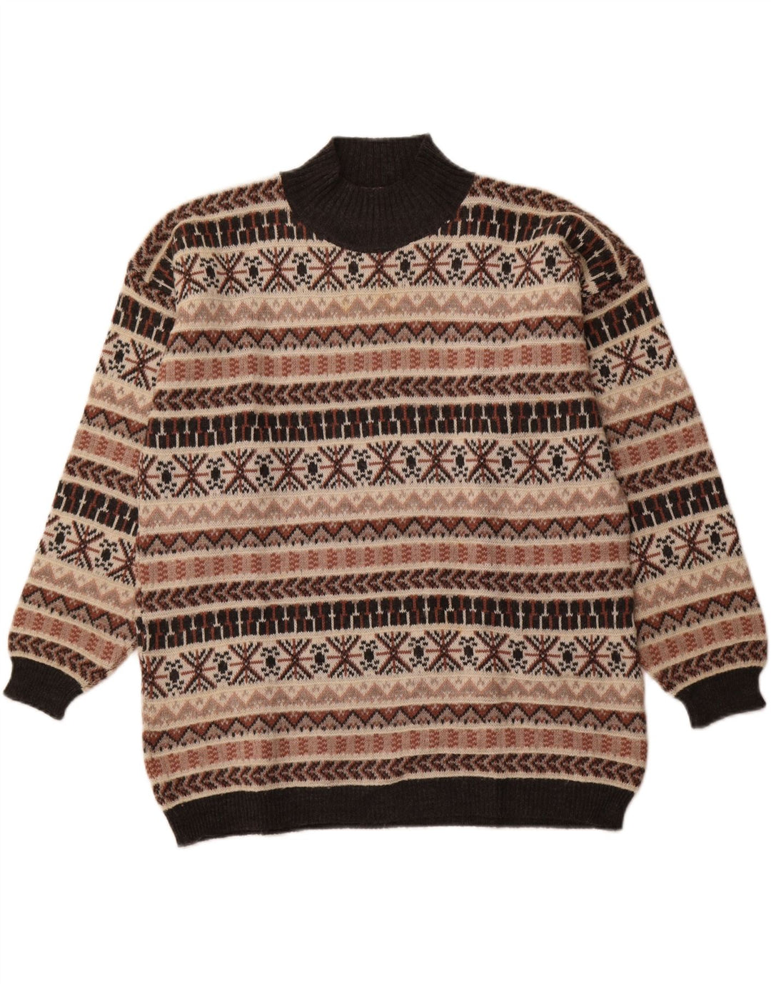 vintage Mens Turtle Neck Jumper Pull Moyen Beige Fair Isle Laine