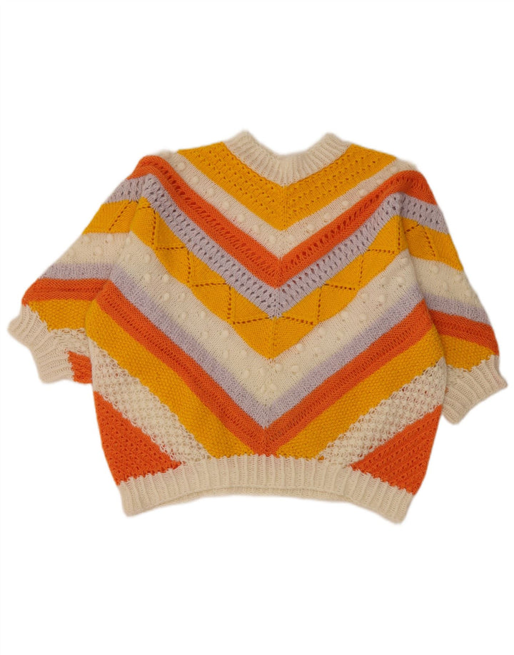 VINTAGE Femmes Crop Crew Neck Jumper Pull UK 12 Moyen Multicolore