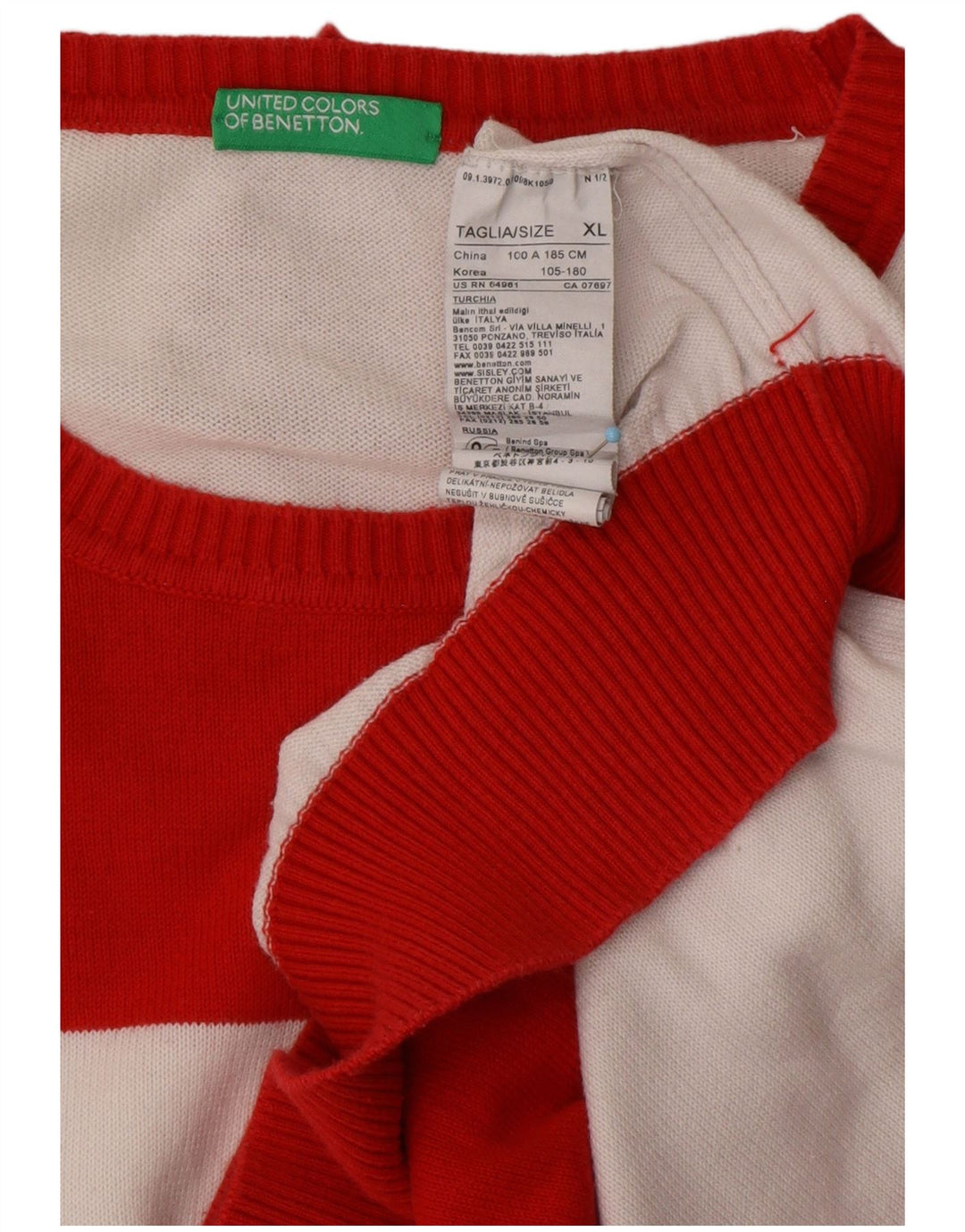 BENETTON Pull col rond homme XL coton rayé rouge