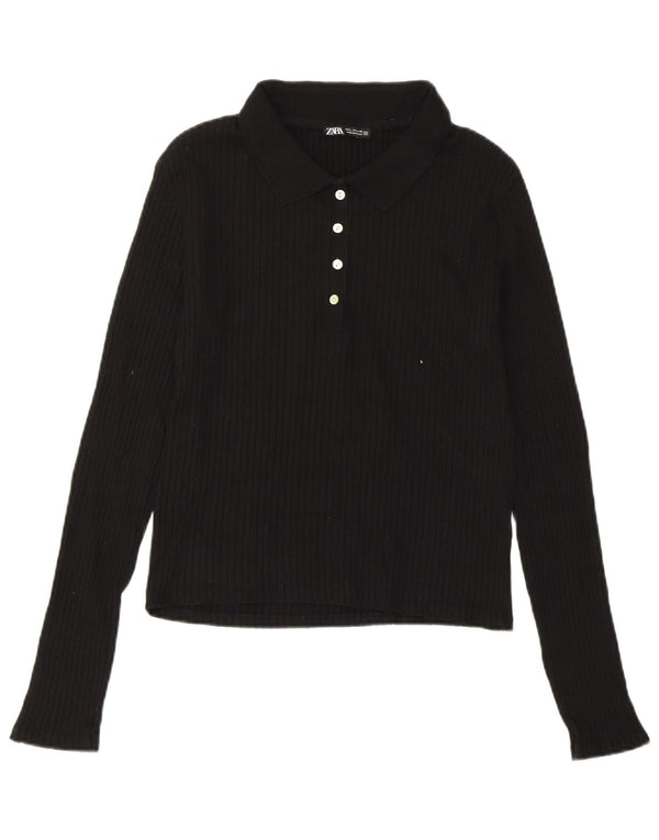 ZARA Polo court à manches longues pour femme UK 14 Large Noir Coton