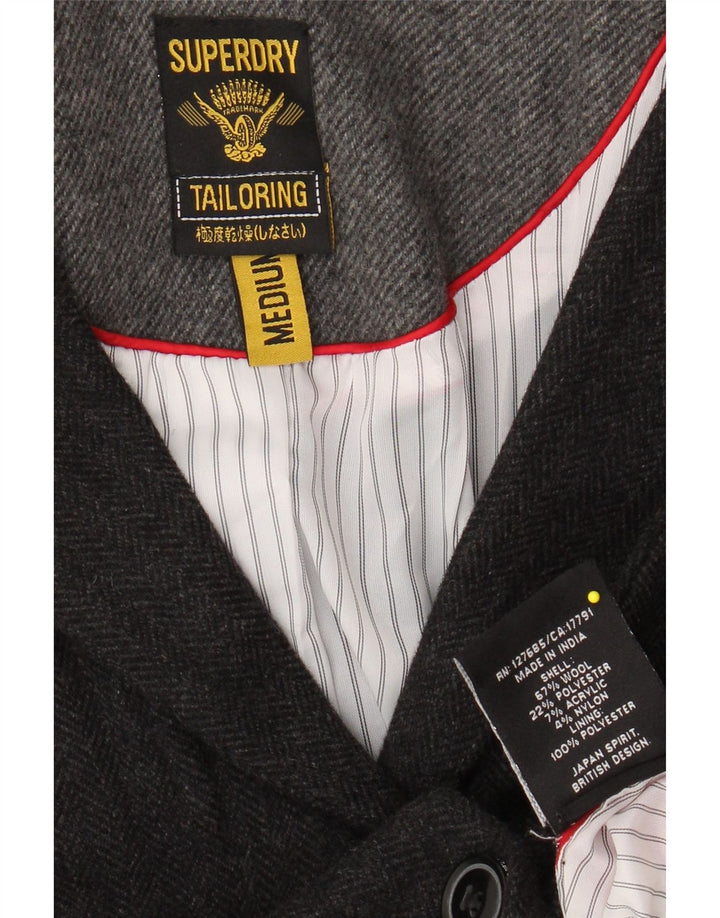 SUPERDRY Veste Blazer 2 Boutons Femme UK 12 Laine à Chevrons Gris Moyen