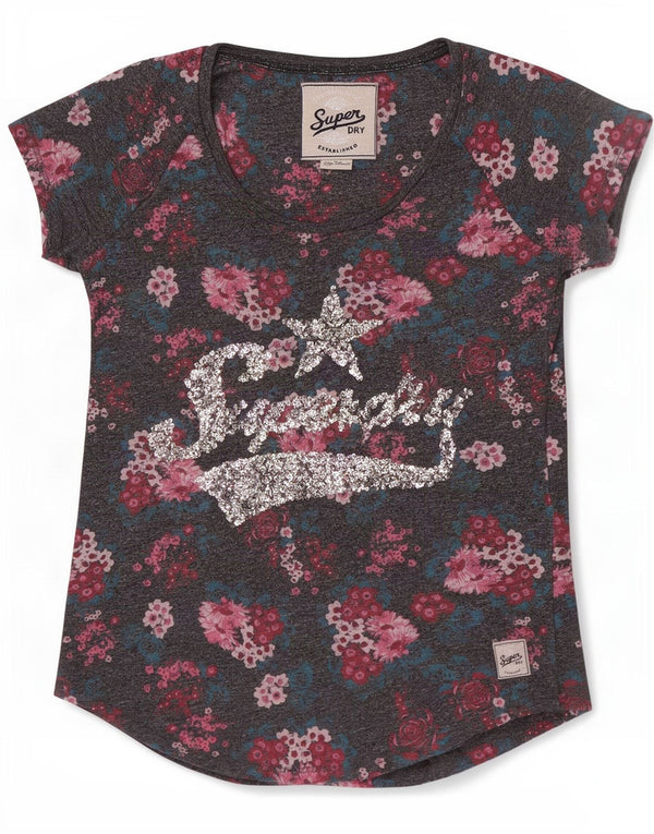 Superdry T-shirt graphique pour femme UK 6 XS Gris Floral Coton