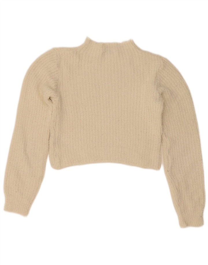 Zara Pull court à col roulé pour femme UK 10 Petit polyester blanc cassé