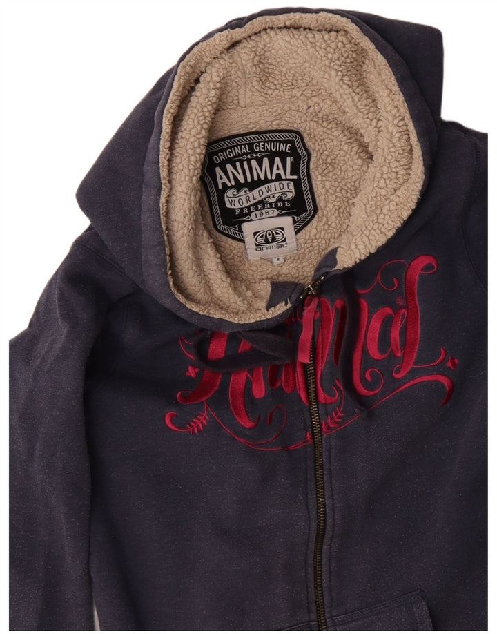 ANIMAL Pull à capuche zippé graphique pour femme UK 8 Small Bleu marine