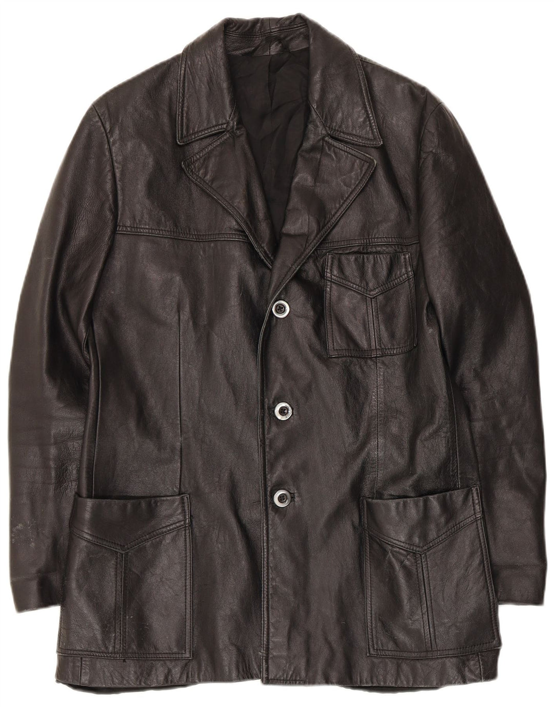vintage Homme 3 Boutons Veste Blazer En Cuir UK 36 Petit Noir