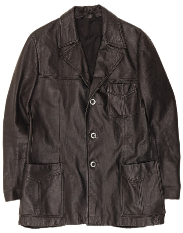 vintage Homme 3 Boutons Veste Blazer En Cuir UK 36 Petit Noir