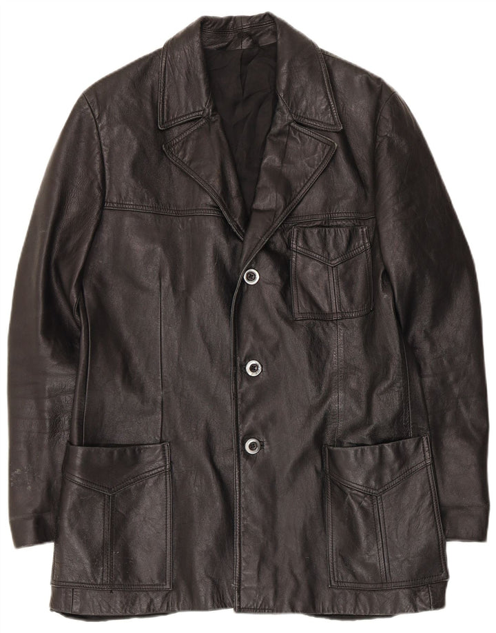 vintage Homme 3 Boutons Veste Blazer En Cuir UK 36 Petit Noir