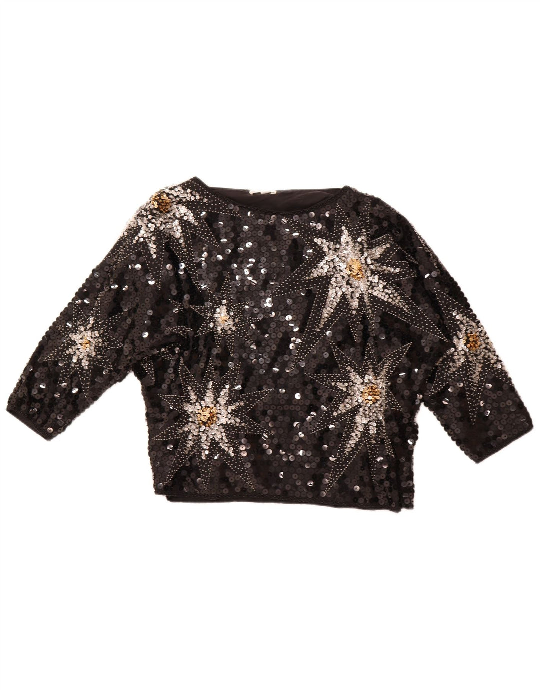 VINTAGE Femmes Motif Abstrait 3/4 Manches Blouse Top EU 42 Grand Noir