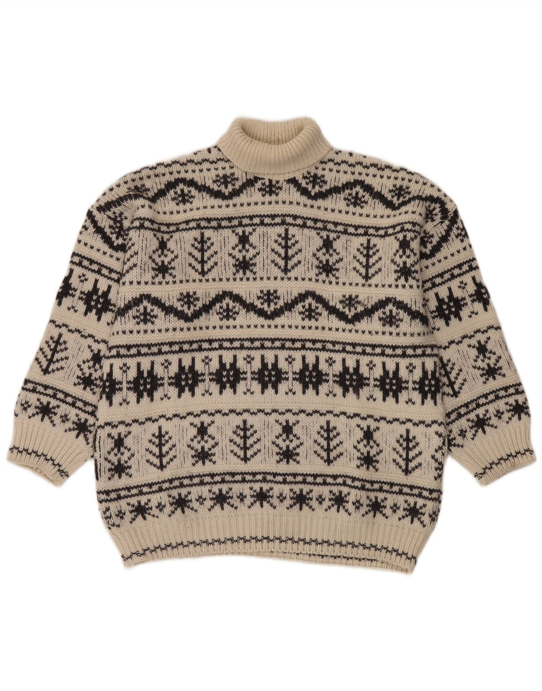 vintage Mens Roll Neck Jumper Pull Moyen Off White Fair Isle Acrylique