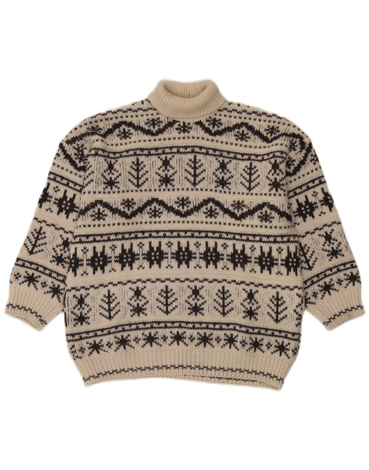 vintage Mens Roll Neck Jumper Pull Moyen Off White Fair Isle Acrylique