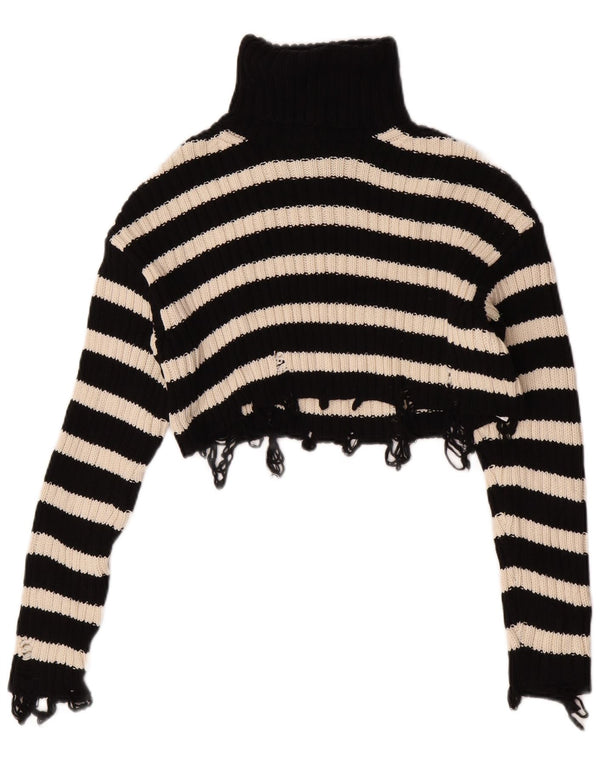 Zara Womens Crop Roll Neck Jumper Sweater UK 10 Petit Noir Rayé