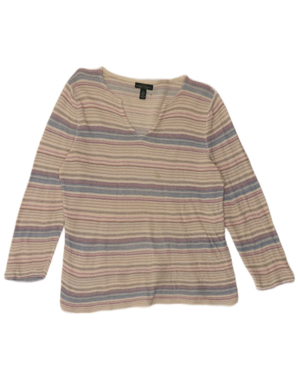 Ralph Lauren Haut Femme Manches 3/4 UK 14 Grand Coton Rayé Gris