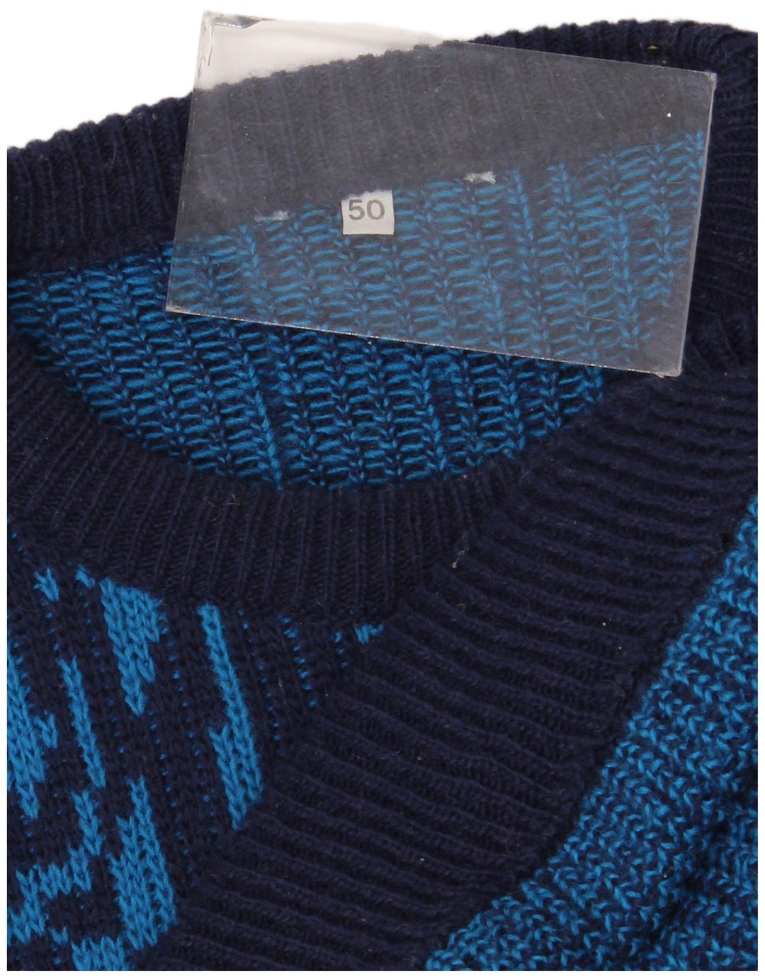 vintage Mens Crew Neck Jumper Pull IT 50 Laine Géométrique Bleu Moyen