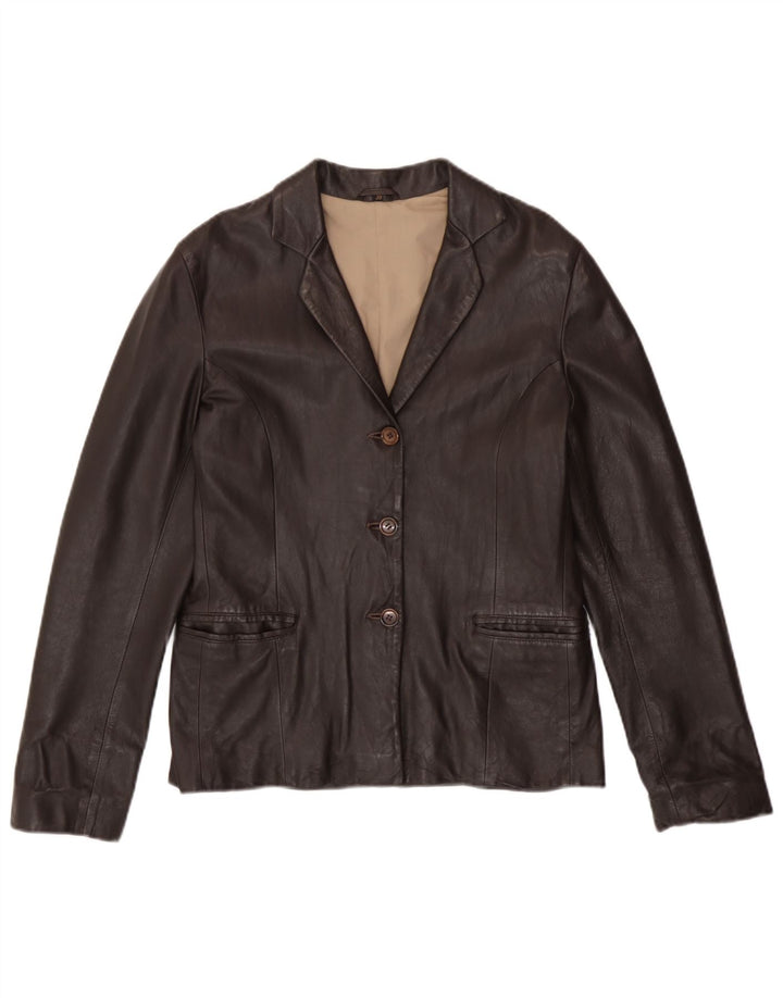vintage Femme 3 Boutons Veste Blazer En Cuir EU 38 Cuir Marron Moyen